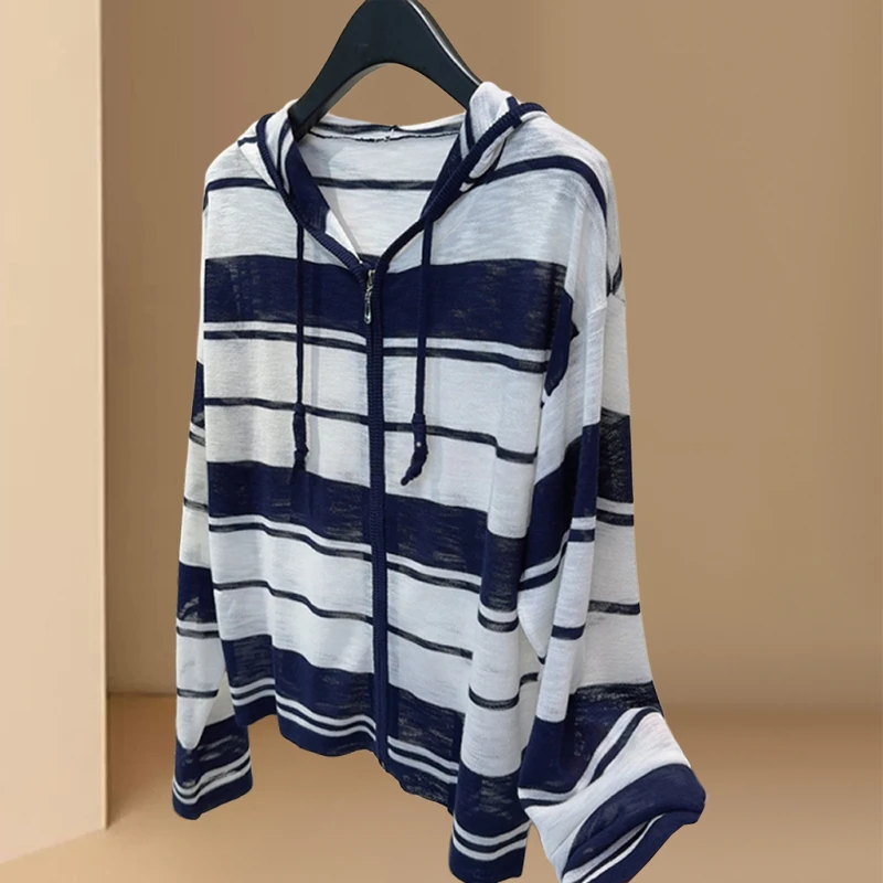 韩版宽松慵懒风百搭条纹连帽长袖防晒衣休闲短裤女设计感气质套装