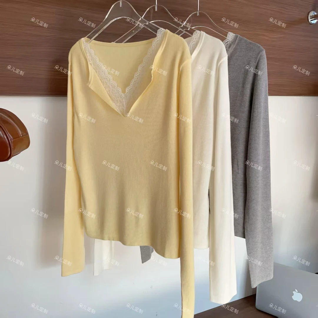 朵儿定制 【温柔乡】醋酸山羊绒V领蕾丝打底上衣 KC26