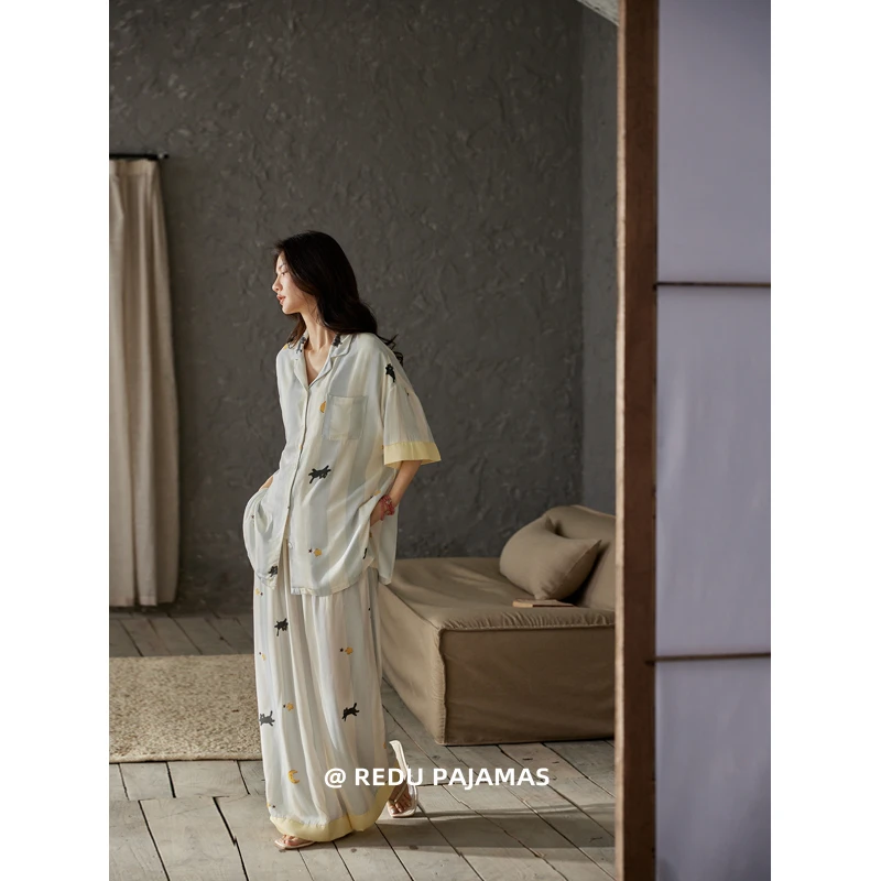 热妒冰丝睡衣女夏季短袖长裤可爱猫咪时尚带胸垫春夏家居服套装