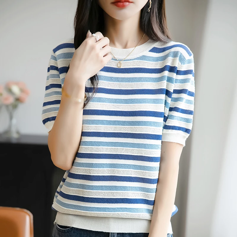 品牌2025夏季新款短袖针织衫女士时尚宽松撞色条纹T恤薄上衣透气