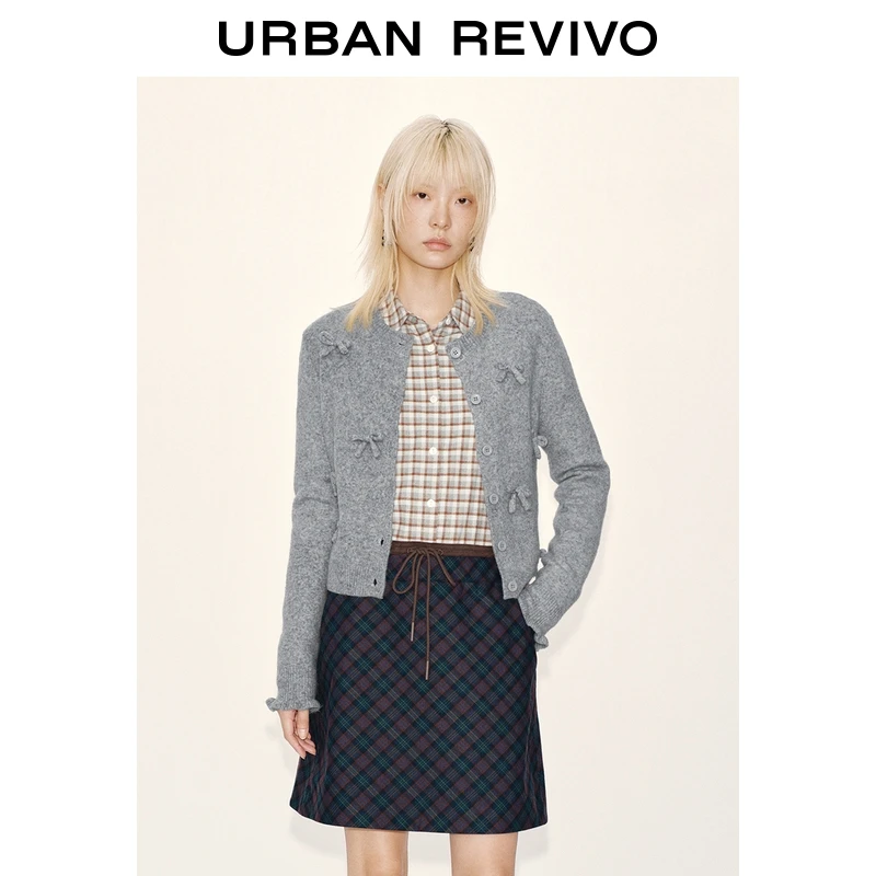 UR2025冬季新款女装休闲蝴蝶结饰短款针织开衫UYY950139