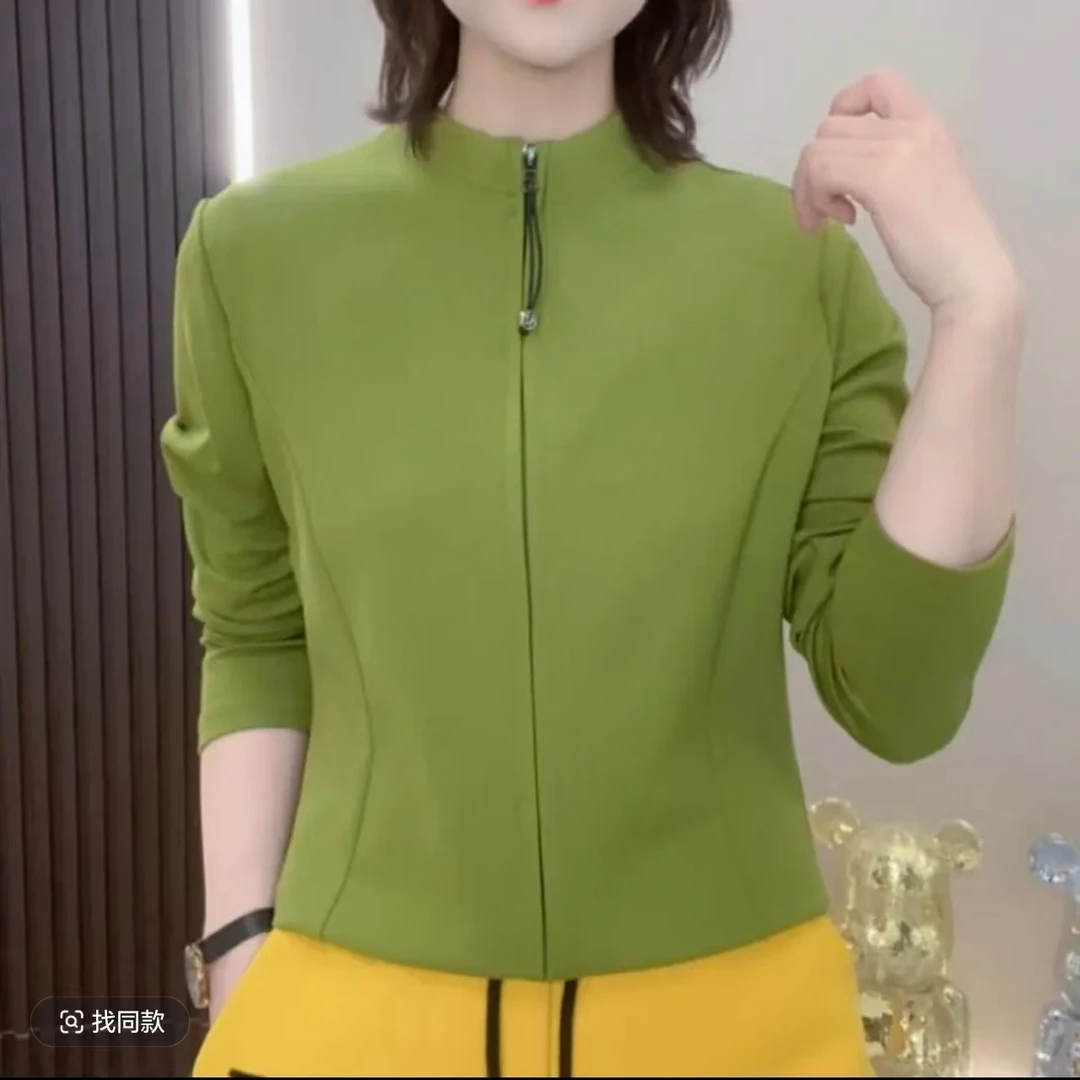 立领双拉链T恤2025春季时尚百搭纯色减龄休闲长袖显瘦开衫女上衣