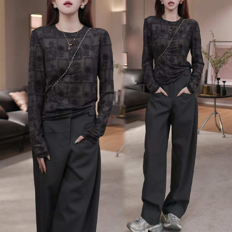 港风复古时髦套装女2025春秋新款提花针织衫长袖工装阔腿裤两件套