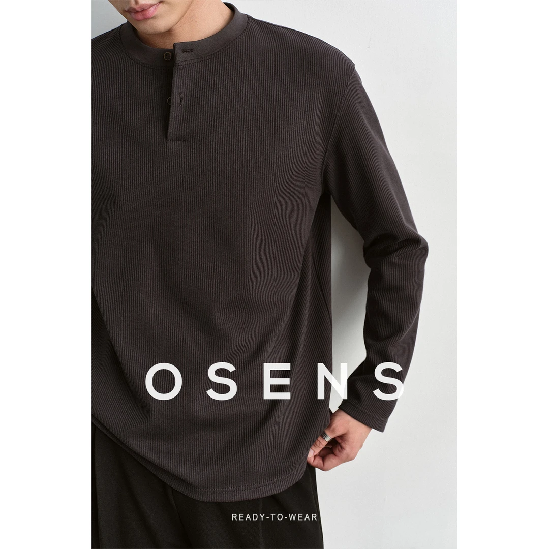 OSENS竖向牙签坑条肌理精致窄边亨利领男生衣服高级感百搭T恤男秋