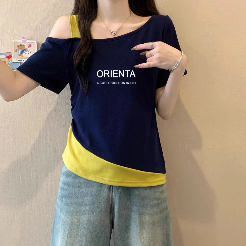 大码胖mm韩版简约斜领露肩短袖T恤女士夏季设计感修身显瘦上衣ins