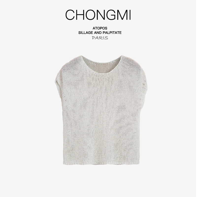 和纸纱米白圆领针织衫女2025夏季新款百搭镂空落肩薄款时尚上衣P