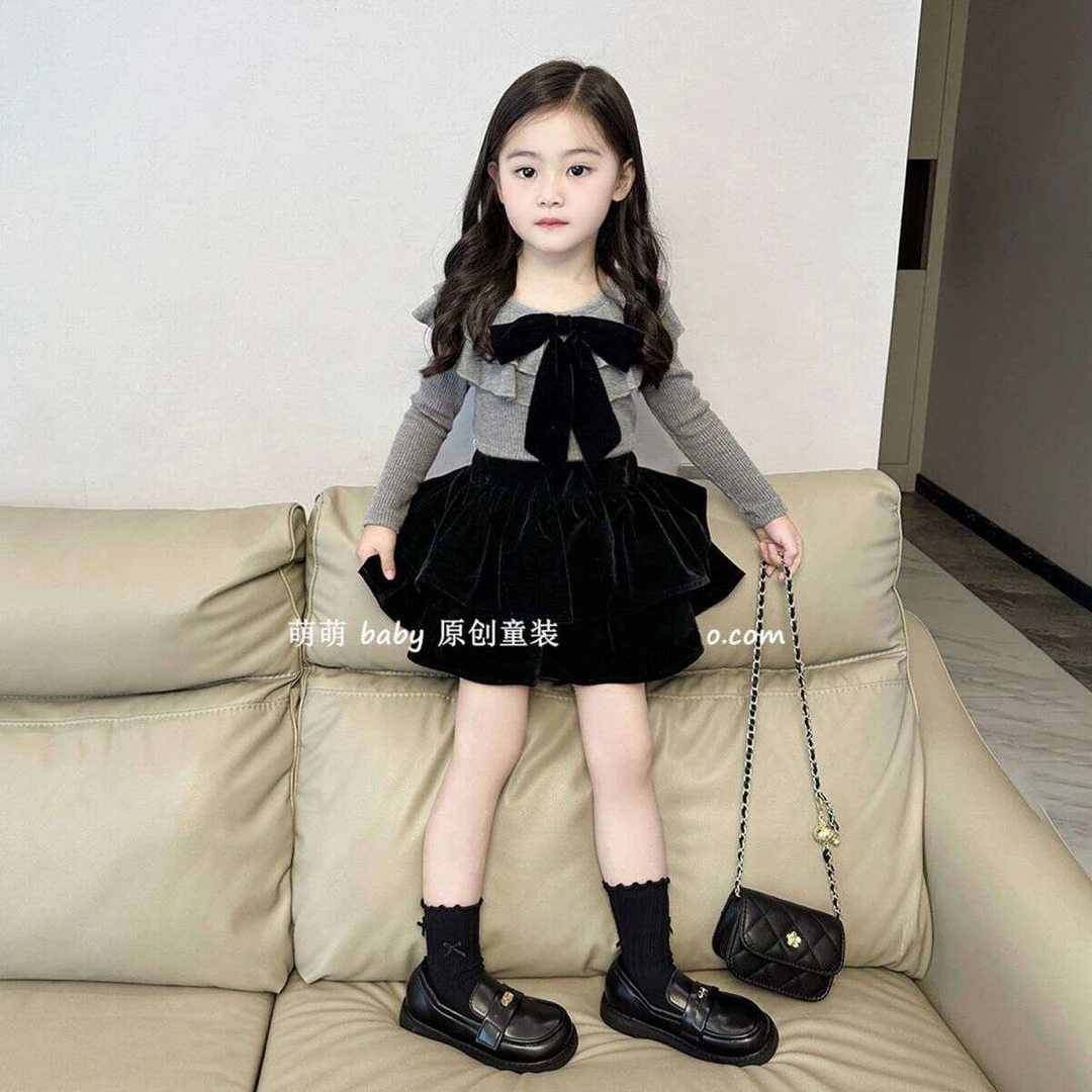 长袖半身裙韩系童装宝宝套装秋装蝴蝶结蛋糕裙女童上衣两件套洋