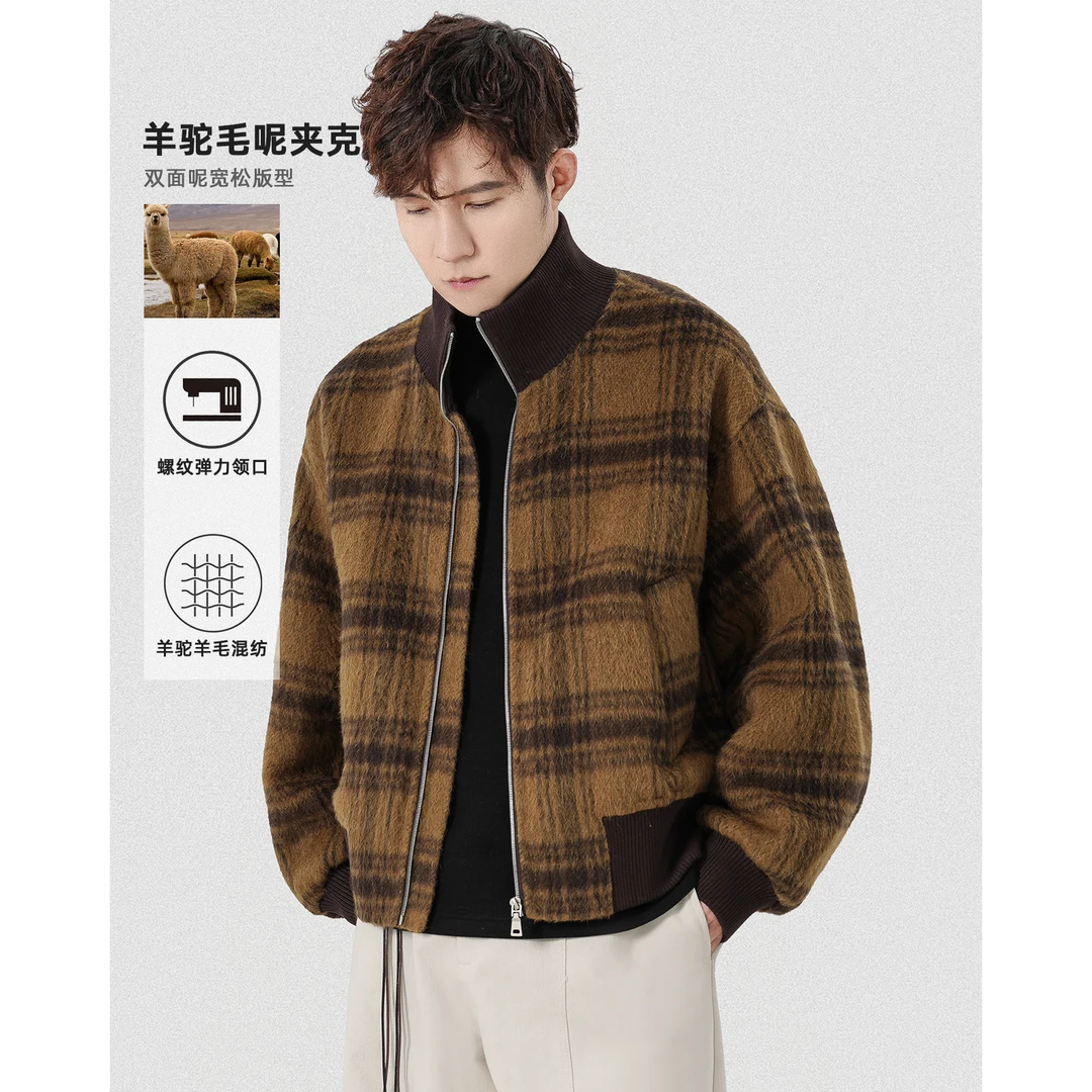 二八先生羊驼毛羊毛呢子格纹拼接针织领口冬季双面呢毛呢夹克外套