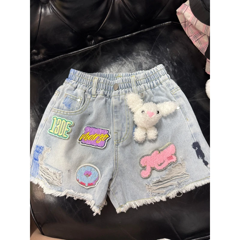 女中大童夏日兔子贴标牛仔浅蓝短裤夏季爆款032