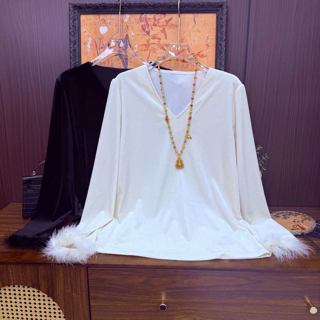 大码女装秋季新款V领纯色丝绒打底