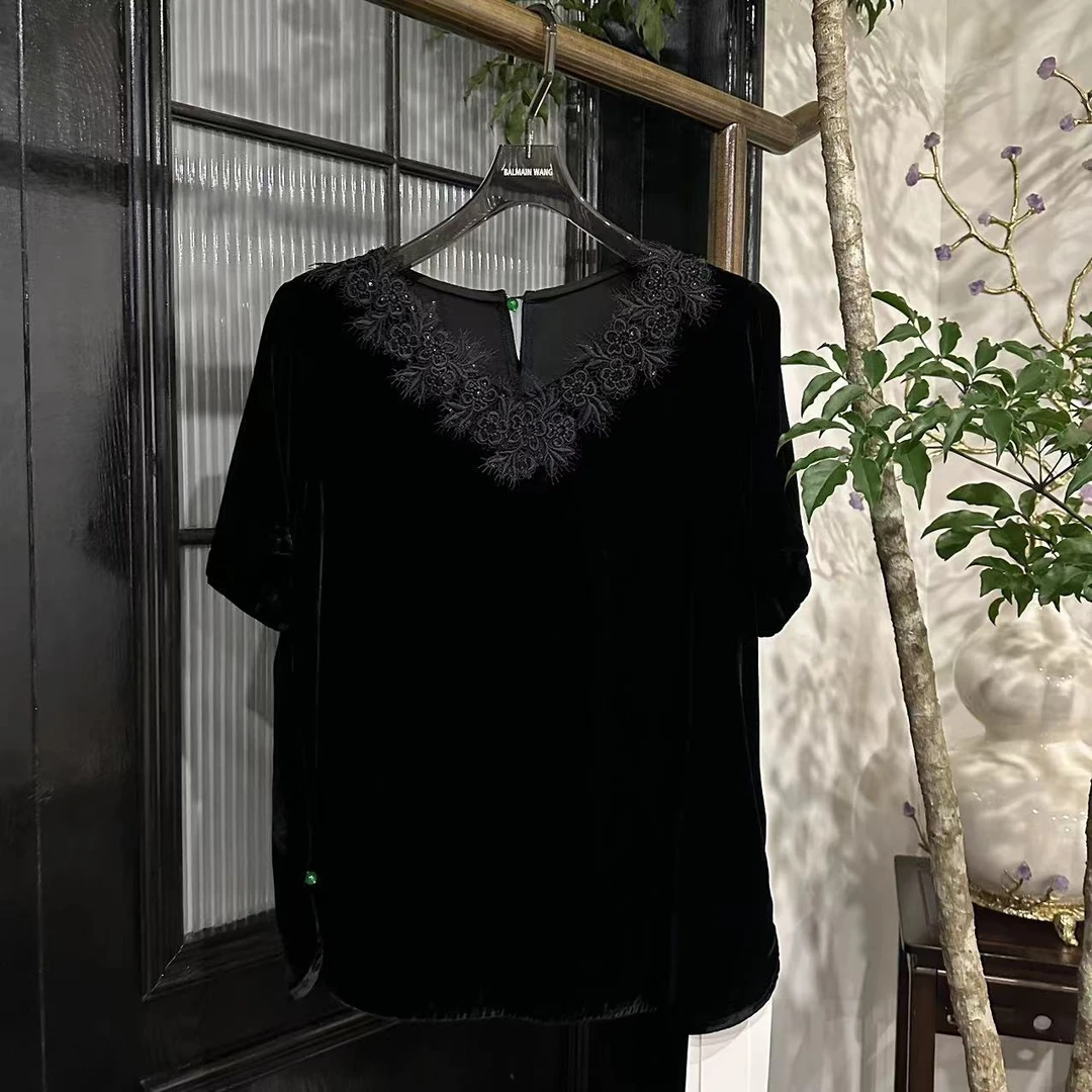 Betty Bairn【松韵-面膜T】新中式桑蚕丝短绒上衣24B-BW2507