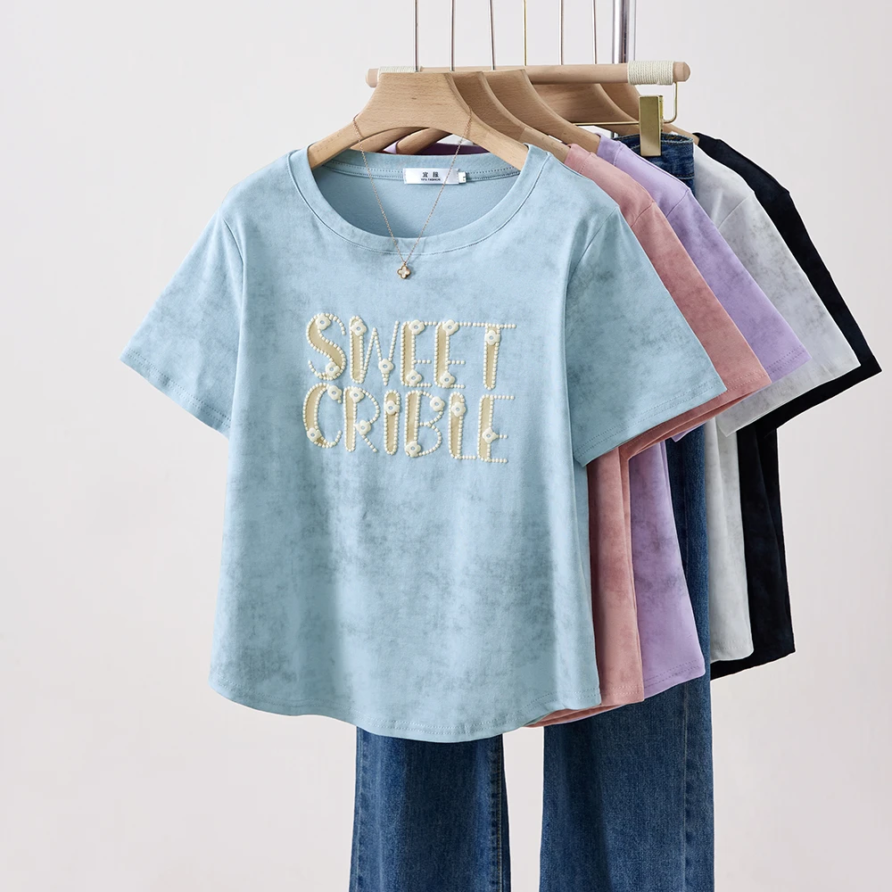 胖mm宽松短袖T恤女夏季新款印花字母独特晕染正肩短款上衣