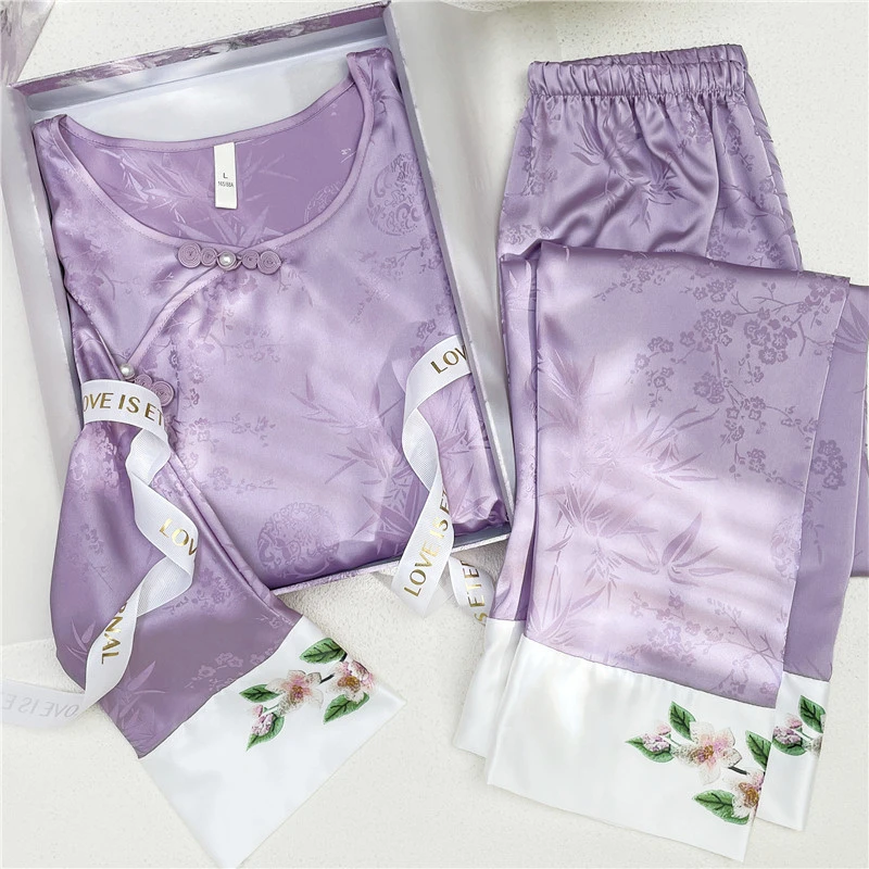 古风新中式带胸垫睡衣女春秋夏季薄款冰丝长袖紫色国风套装家居服