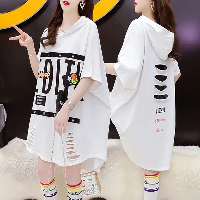 韩版洋气设计感连帽短袖T恤女夏季2025新款百搭宽松中长款体恤衫