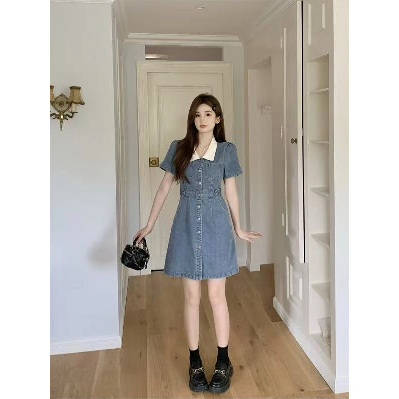 2025夏季大码女装休闲POLO领显瘦修身排扣撞色拼接牛仔连衣裙1532