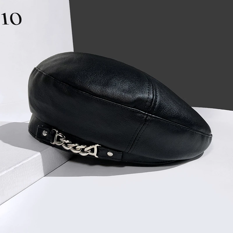链条皮质贝雷帽子女英伦复古八角帽日系网红韩版潮百搭pu皮画家帽