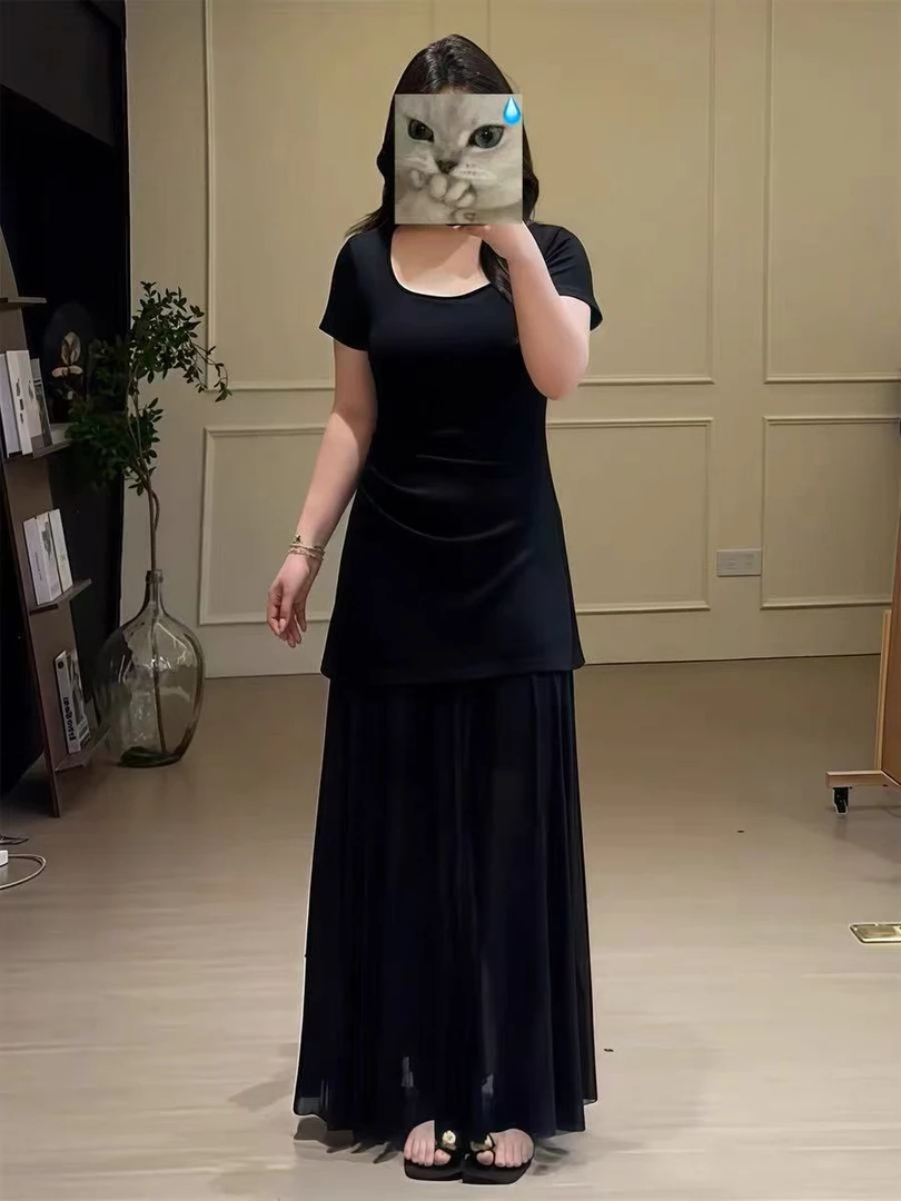 小九九 大码胖mm轻熟风显瘦方领外披90030吊带裙958半袖长裙90059