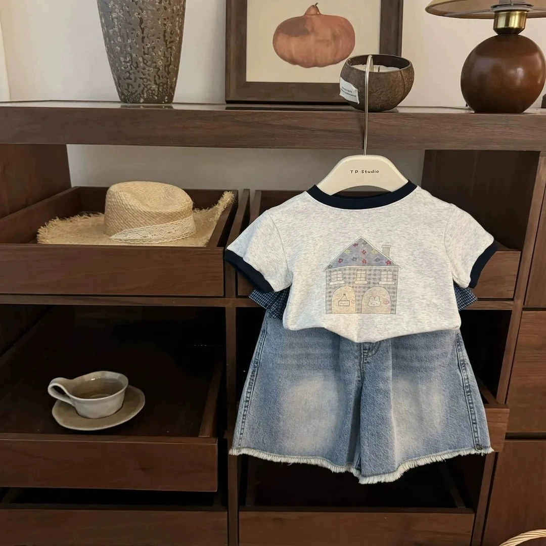 女童套装2025夏季新款儿童韩版圆领短袖T恤薄款牛仔阔腿裤两件套