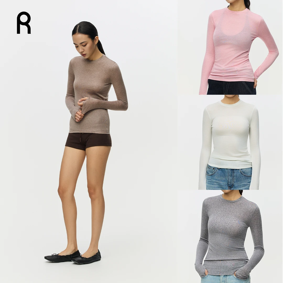 ReAimNess* 美利奴羊毛针织衫长袖t恤女秋季薄款针织衫打底衫上衣