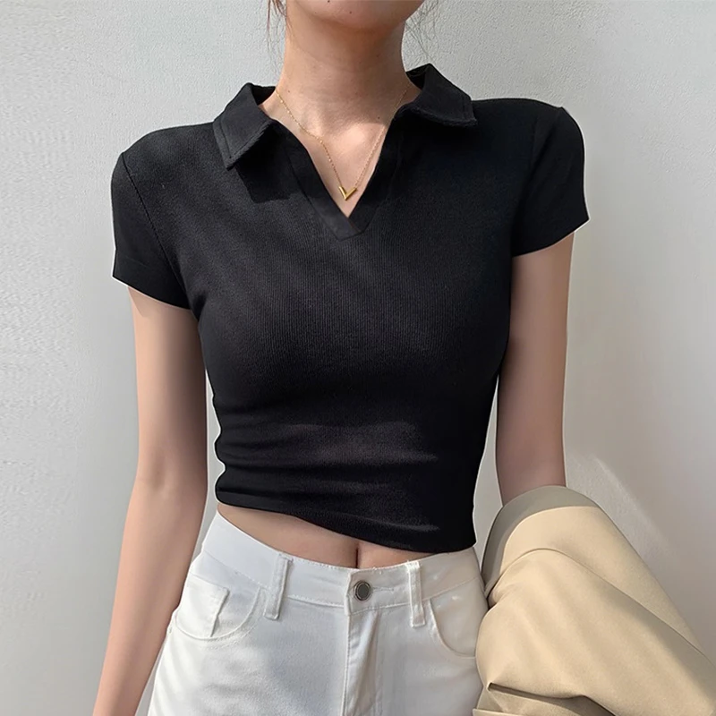 黑色Polo领正肩短袖t恤女夏季2025新款辣妹修身显瘦短款翻领上衣