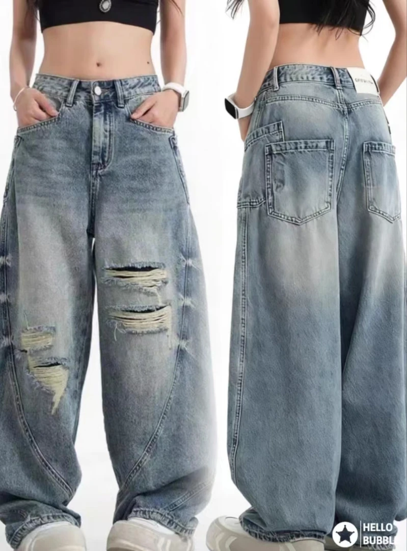 Z8312美式复古风秋冬季高腰女长裤牛仔裤裤子