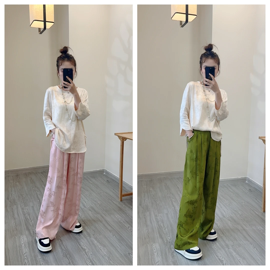 【青/粉黛】人丝提花直筒2025新款高腰新中式垂感休闲阔腿裤女S002