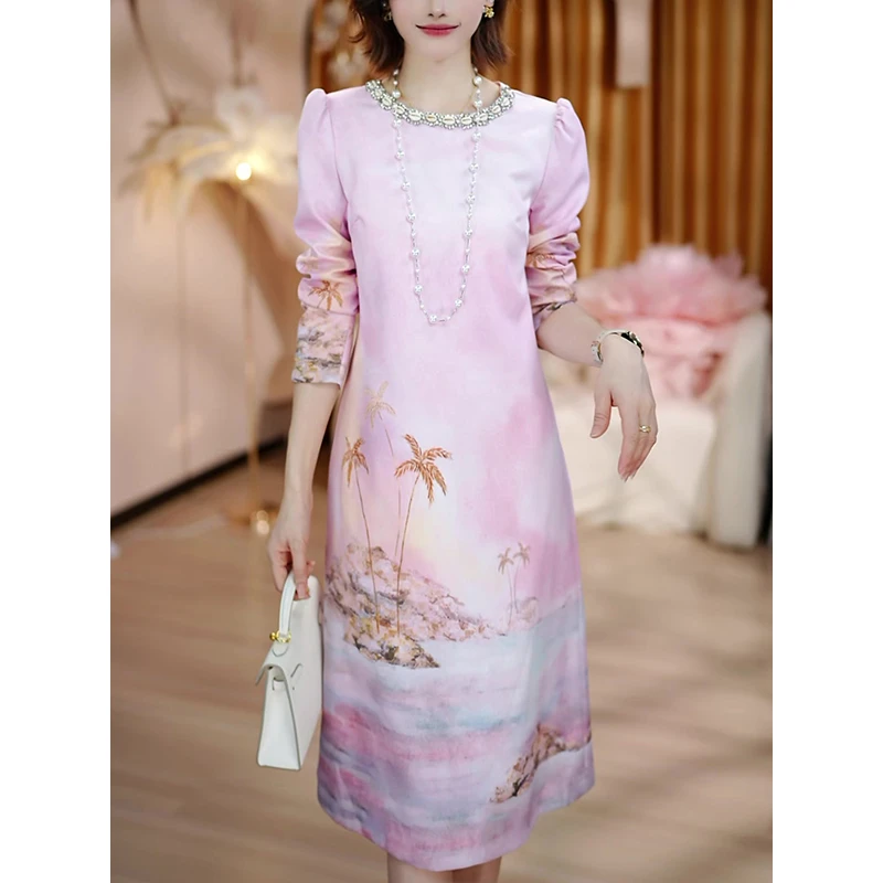 早秋新款法式高端钉珠气质花色印花休闲减龄显瘦长袖女连衣裙DT