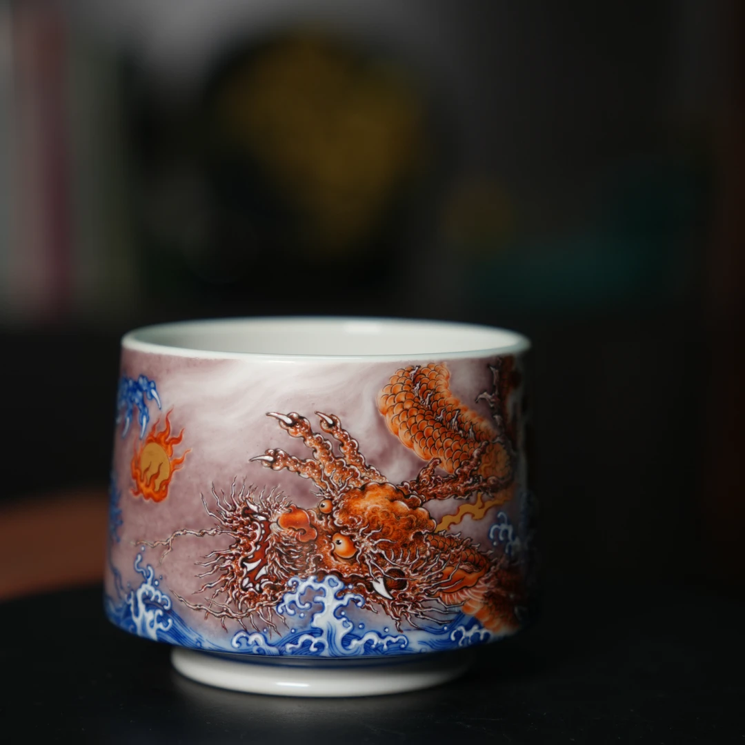 九悠阁严选-景德镇-澄怀堂高端系列-合作双龙主人杯-矾红釉下青花