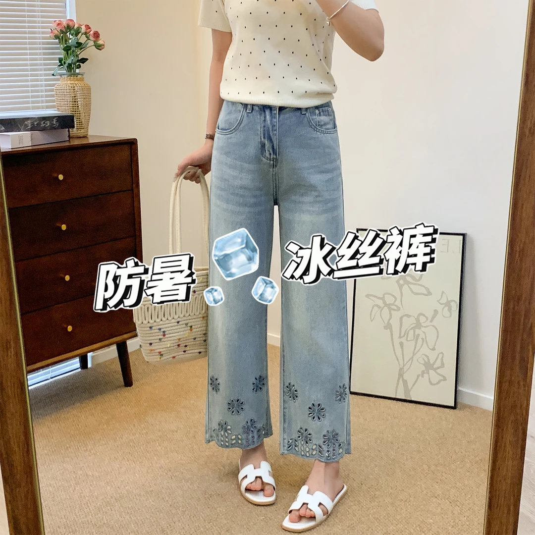 设计感别致镂空钩花牛仔裤女大码夏季薄款凉感宽松显瘦九分直筒裤