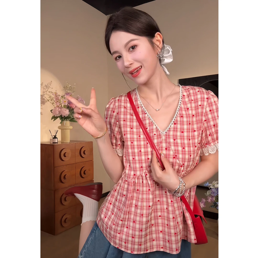 YAMM~套头V领蕾丝边衬衫衬衣女上衣