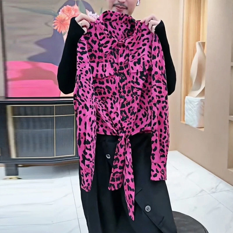 时尚豹纹设计感衬衫女装2025春季新款Polo领上衣绑带开衫洋气外套