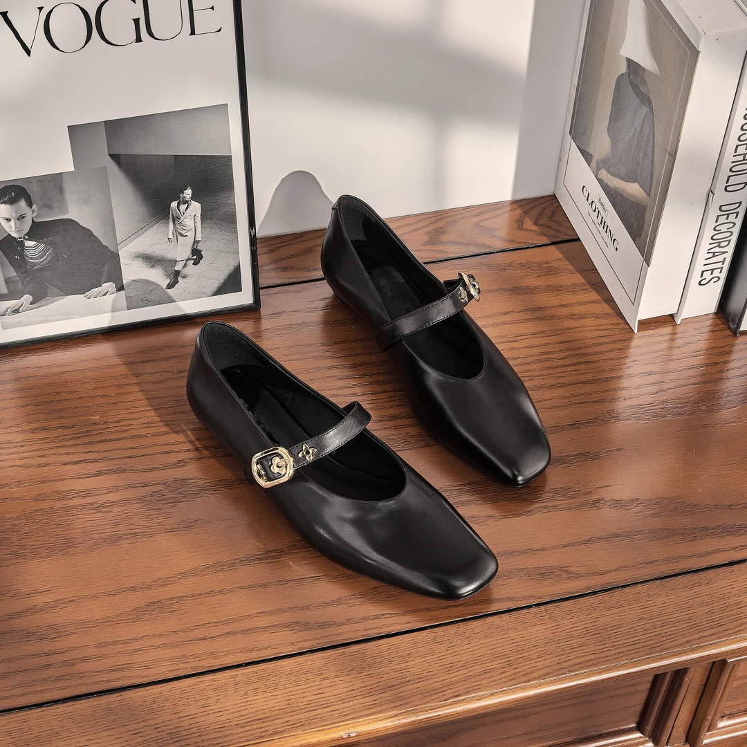 -2025夏季新款一字带玛丽珍法式方头百搭黑色单鞋G861