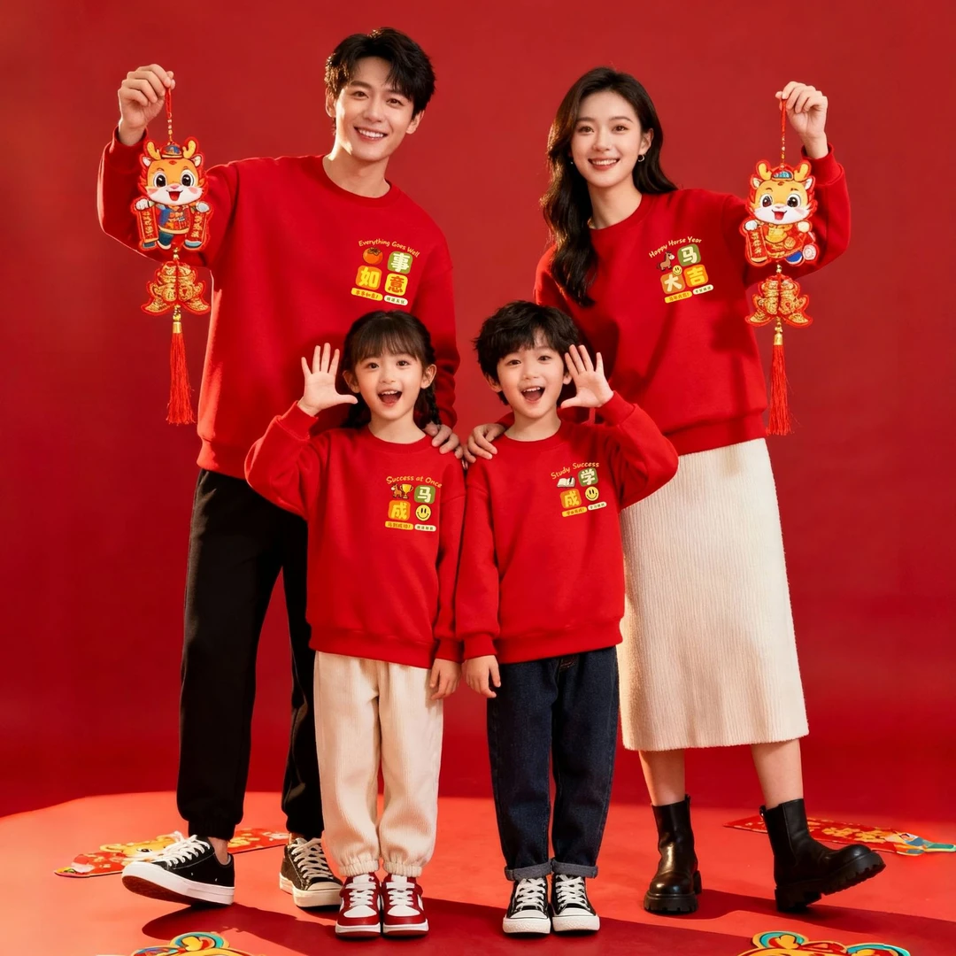 【寓意小标】新年红色卫衣2026亲子装一家三口年底宴席秋冬加绒款