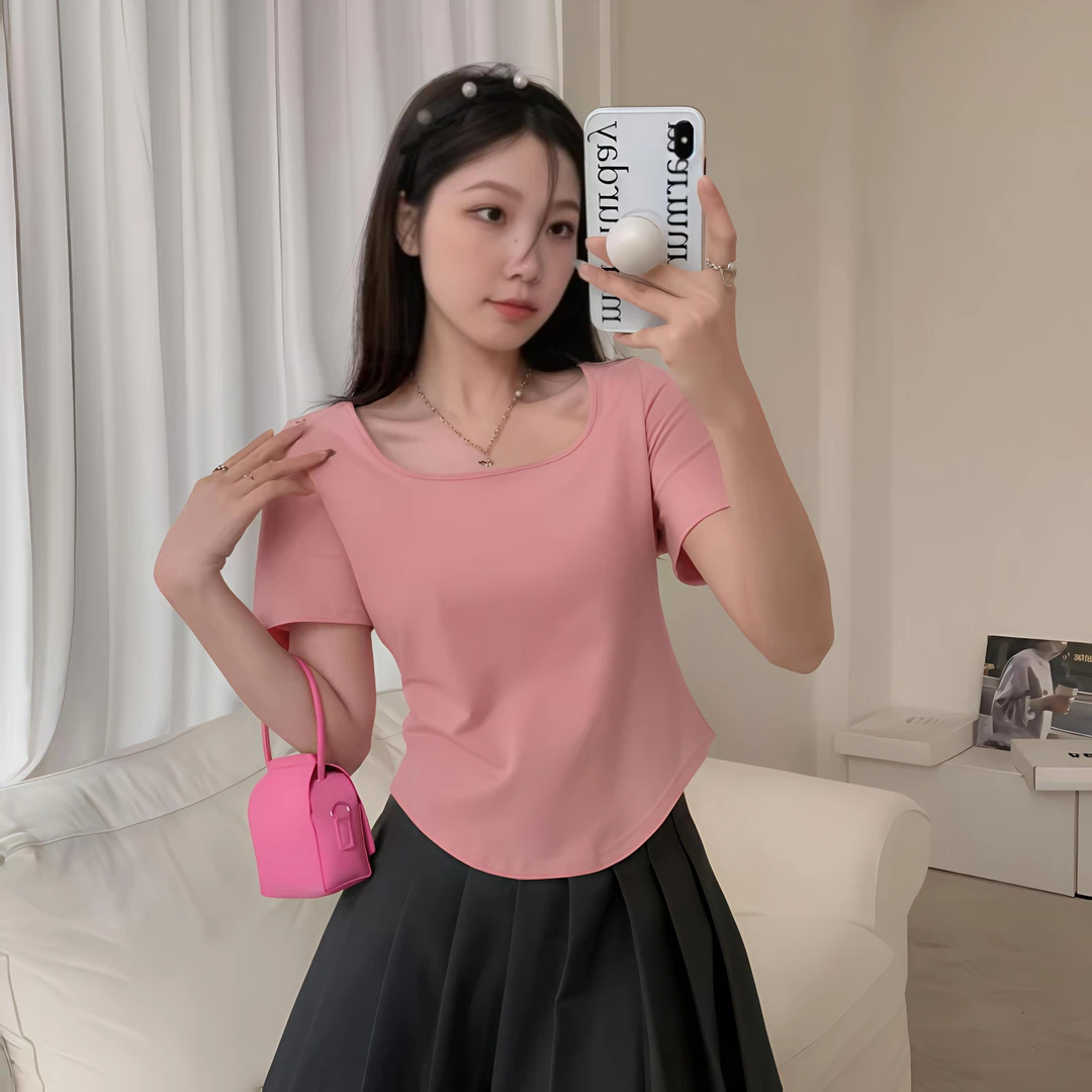 纯欲方领锁骨t恤弧形下摆上衣夏季修身显瘦设计感鱼骨短袖女