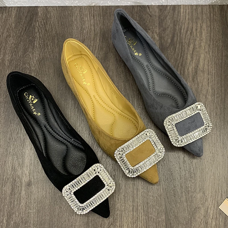 磨砂绒面尖头单鞋显瘦黑色软底平跟女鞋新款水钻韩版浅口平底鞋女