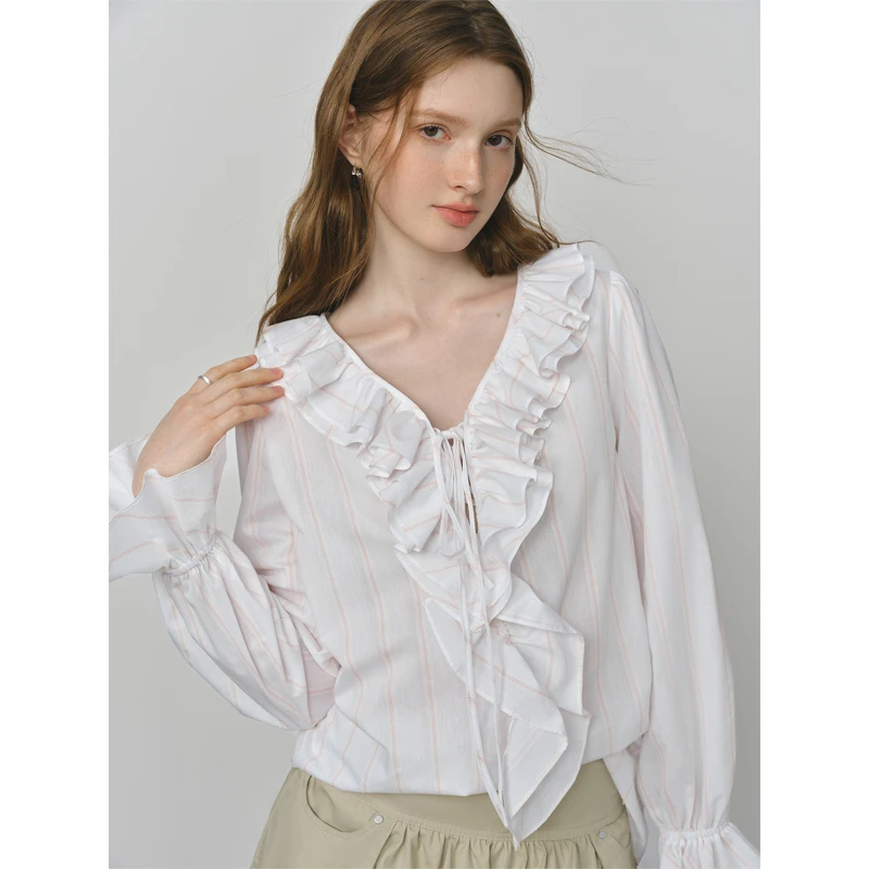 范思蓝恩浪漫气质复古宫廷风大荷叶边长袖衬衫早秋新款25FS13264