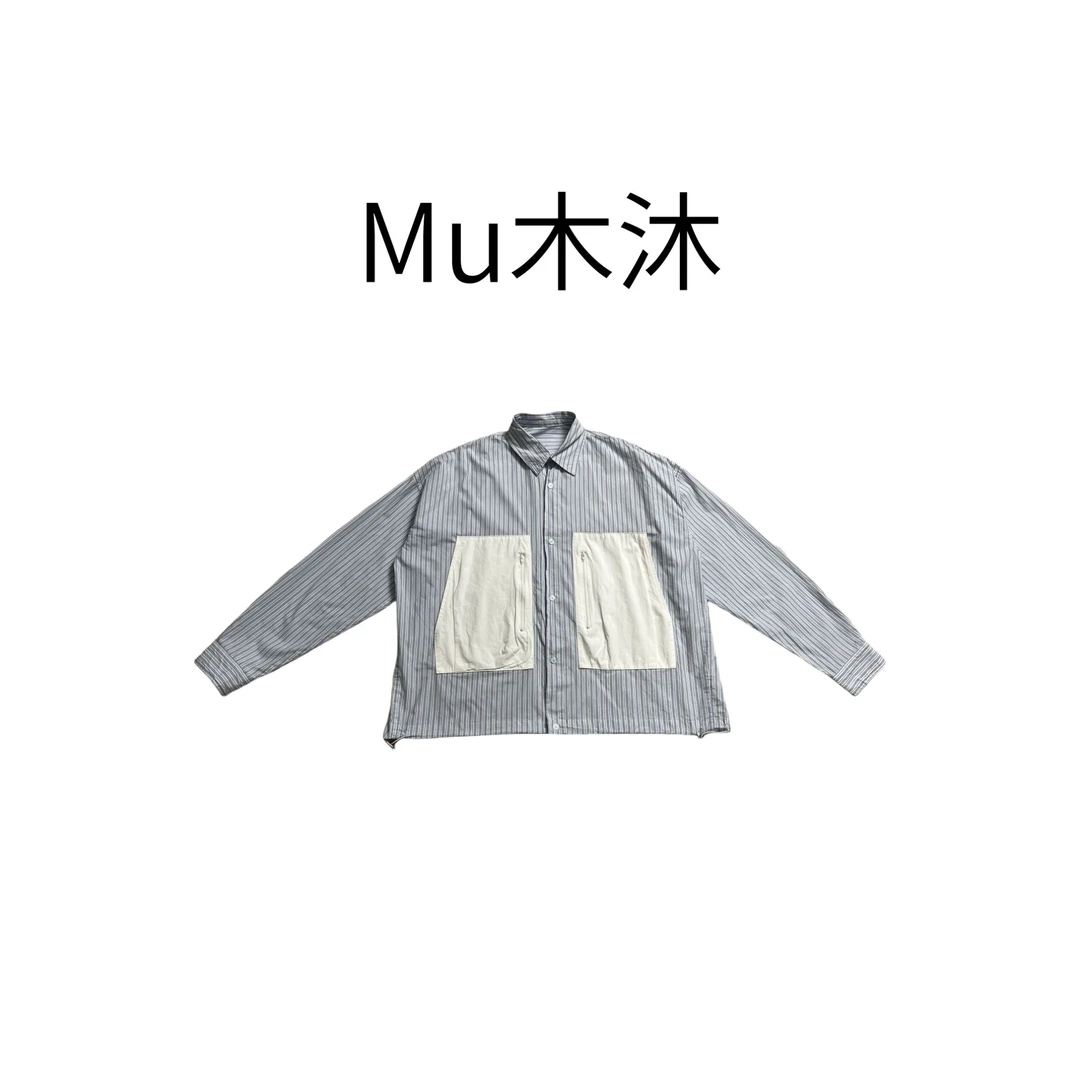 Mu木沐♠新品条纹拼接拉链衬衫