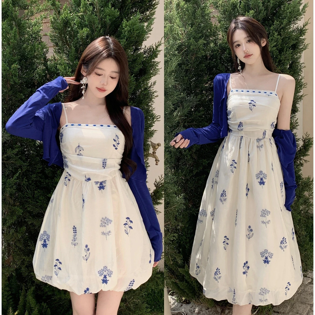 2025大码胖mm夏季新款法式碎花长短款吊带连衣裙花苞裙+防晒开衫