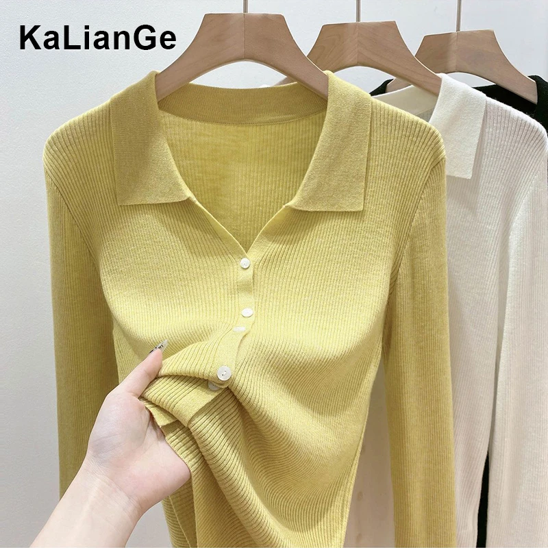 卡莲格/polo领小众设计感气质T恤上衣女秋季翻领修身显瘦针织开衫