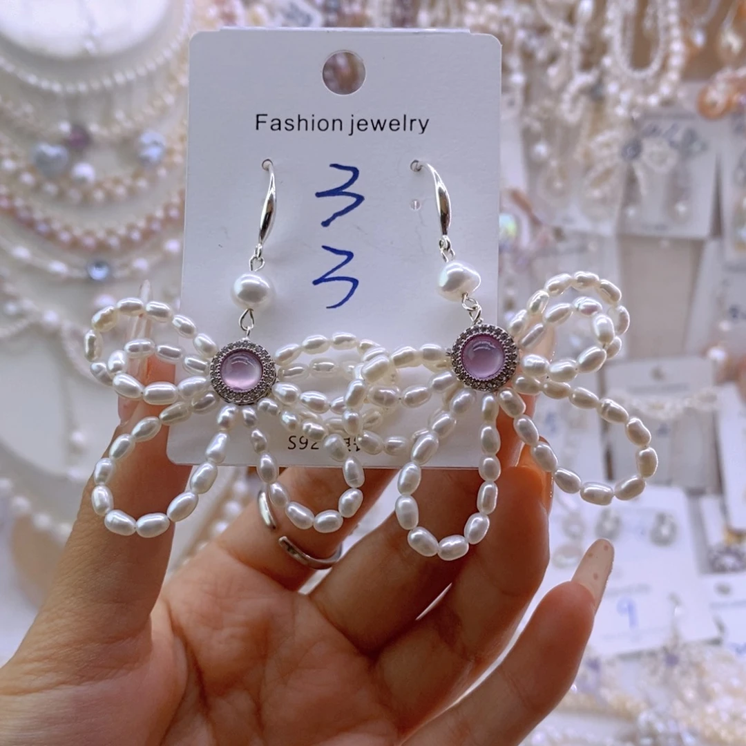 合金淡水珍珠蝴蝶结耳饰