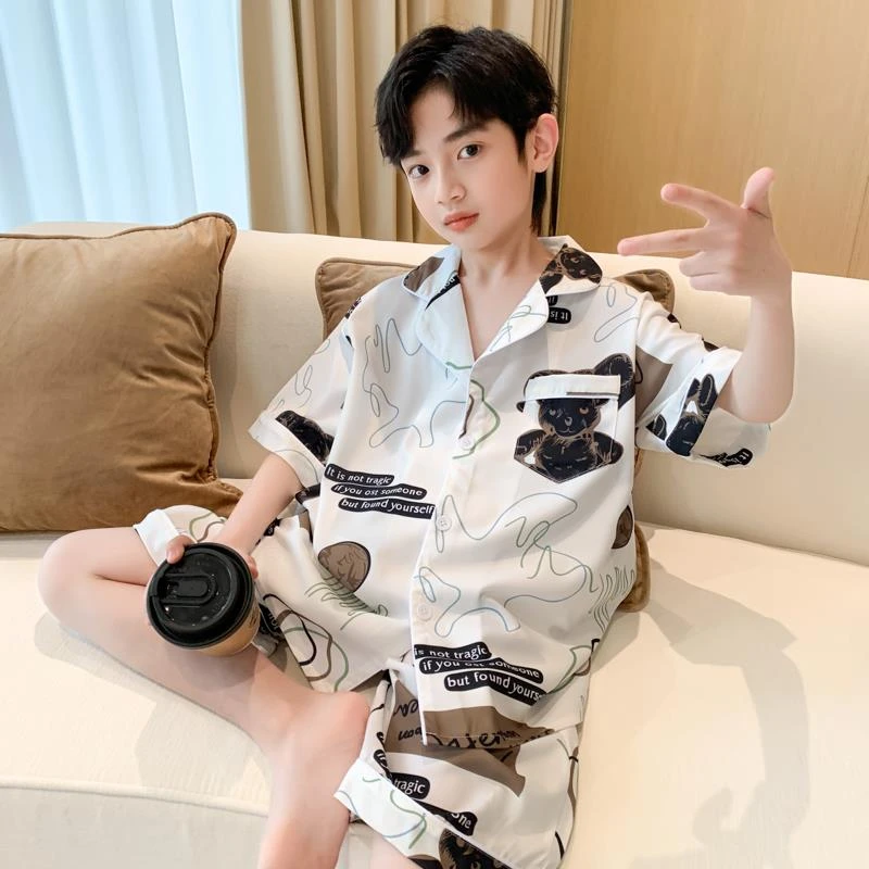 FAVMARTHA儿童装男童夏装睡衣冰丝短袖套装家居服夏款薄款夏季中