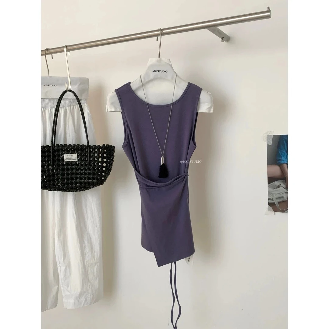 绑带无袖背心小衫小众宽松休闲修腰百搭上衣#2965