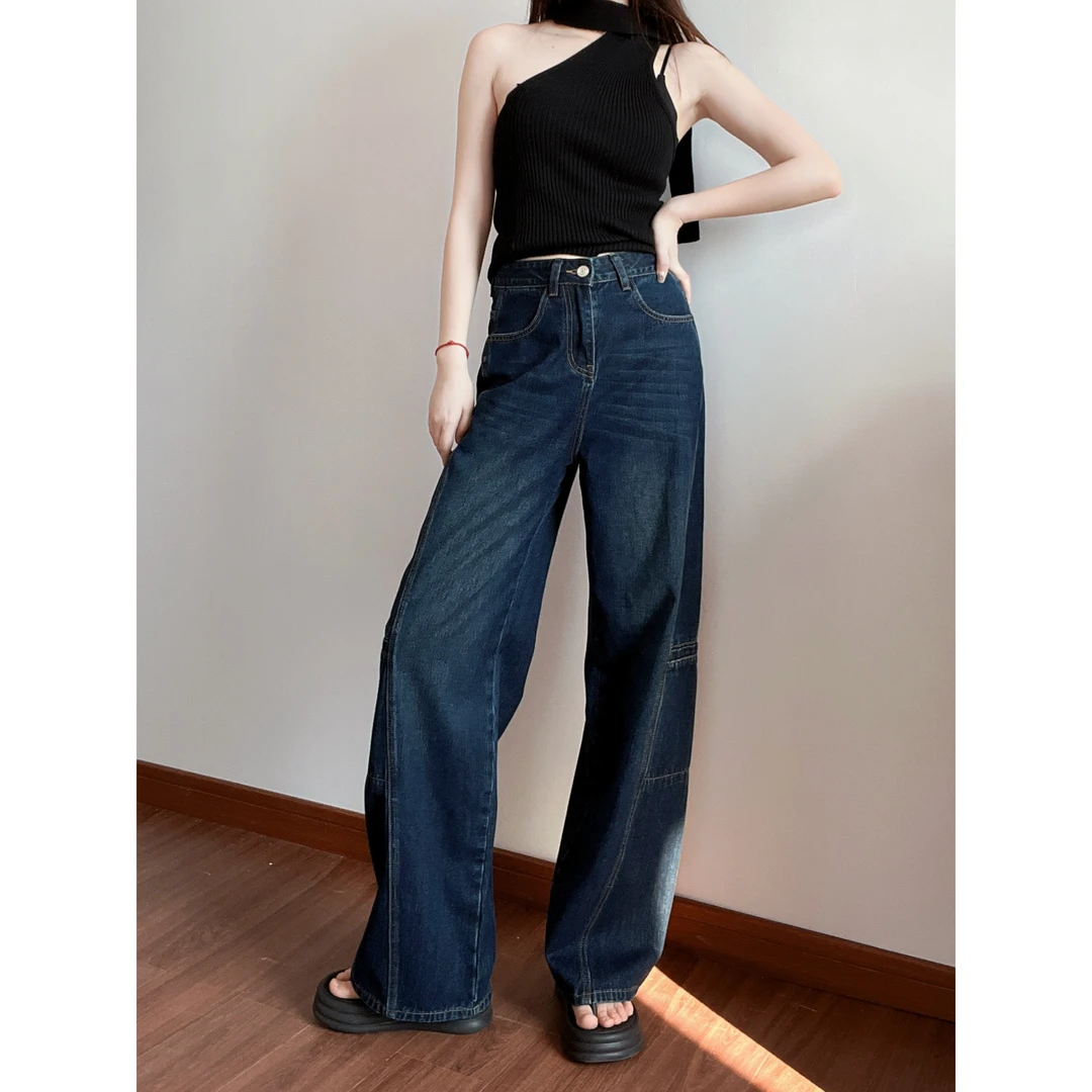 复古蓝色美式工装牛仔裤女2025夏季高腰宽松显瘦直筒阔腿裤薄款