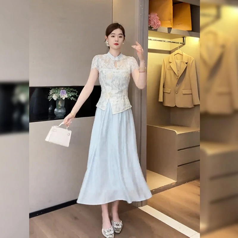 夏装搭配一整套2025新款女神范气质优雅修身国风盘扣上衣半裙女装