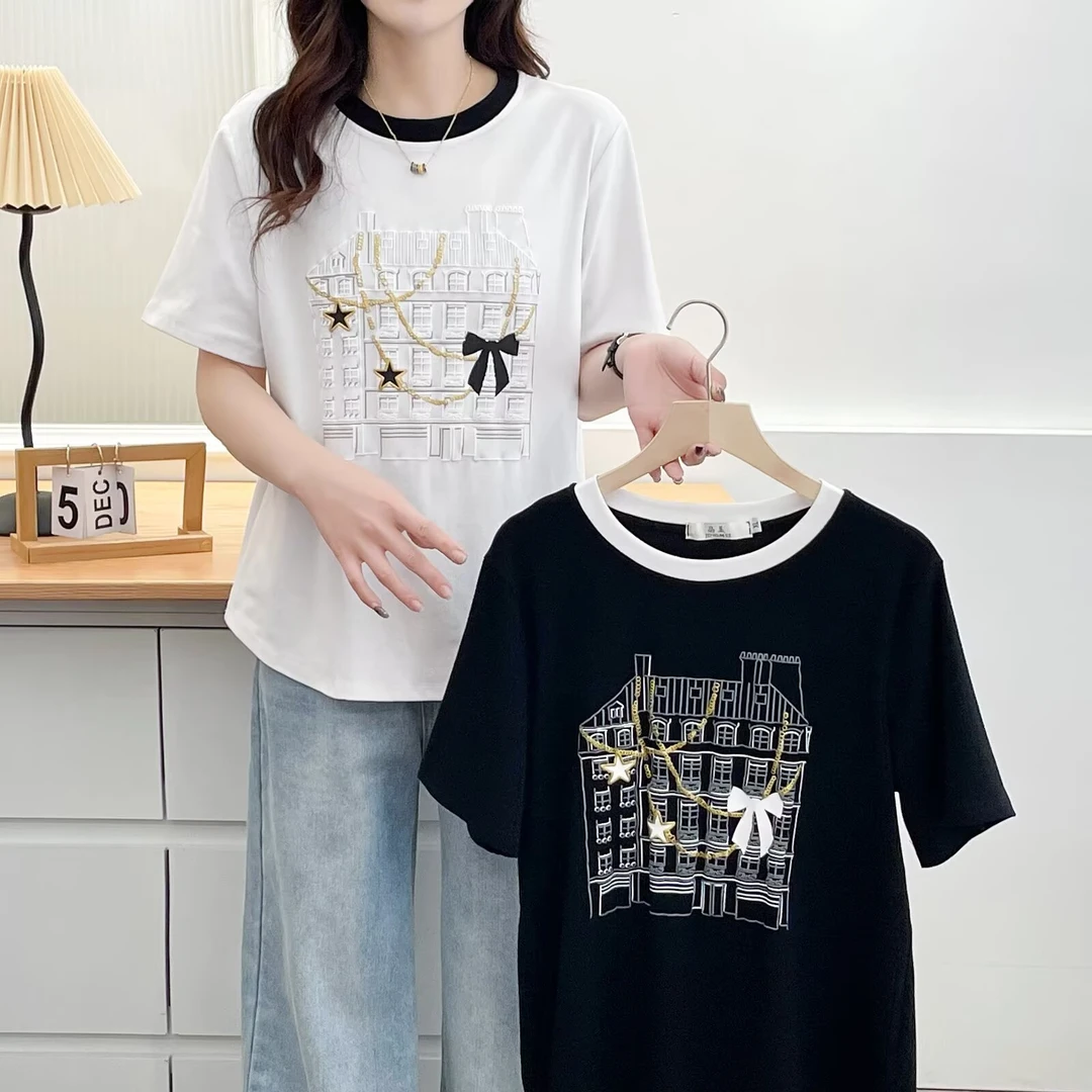 大码胖MM百搭显瘦小香风印花拼接圆领T恤女夏季新款宽松正肩上衣
