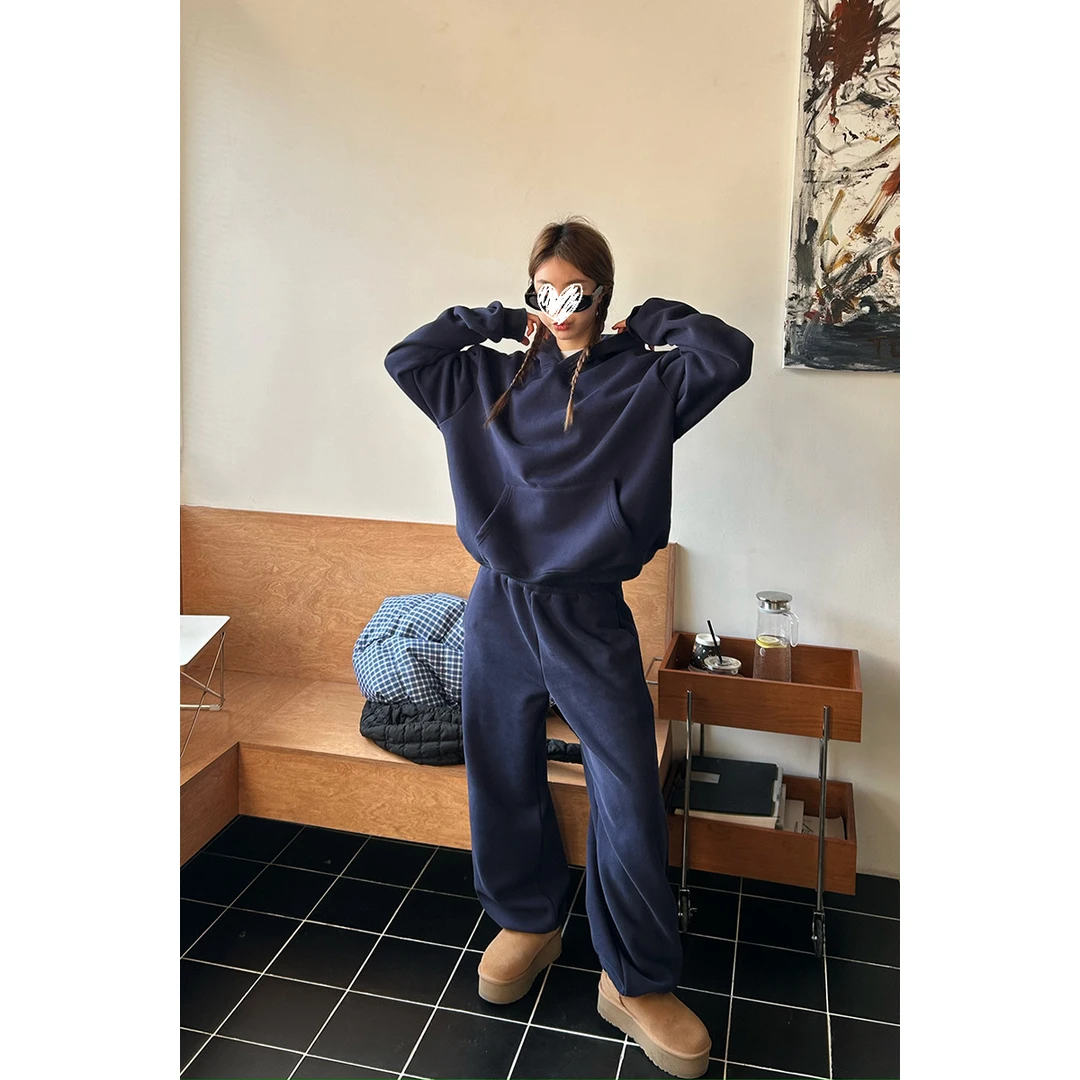 秋冬搭配一整套 深蓝色休闲加绒加厚连帽卫衣长裤运动两件套装女