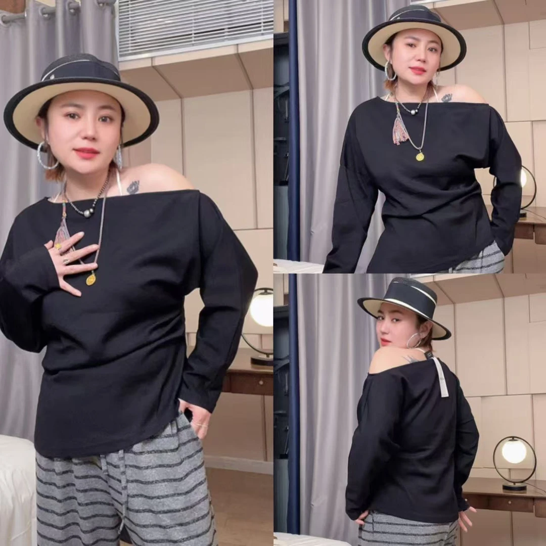 730#山本风简约通勤落肩袖常规款韩版T恤长袖针织斜领（卡码拍大）