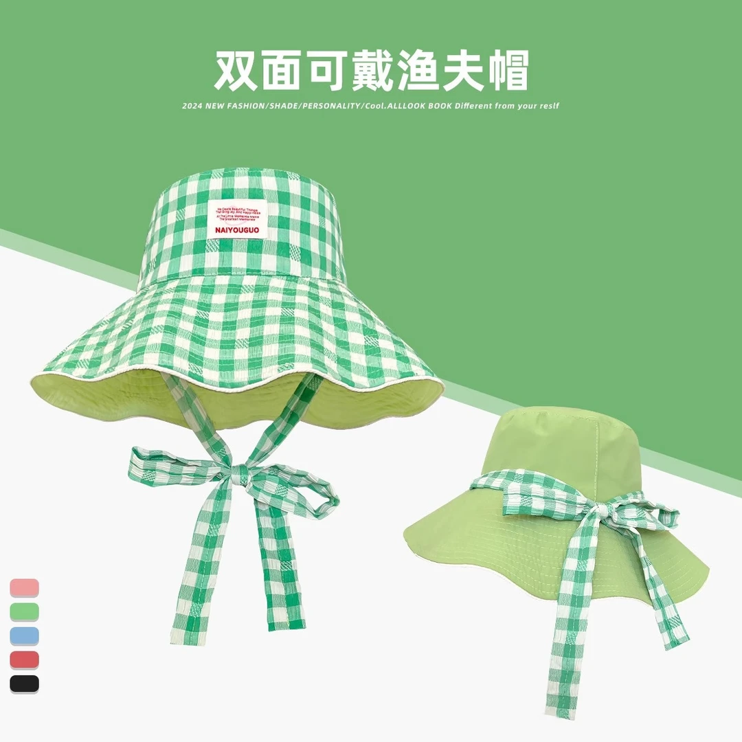 新款正反戴韩版ins格纹系带渔夫帽女士户外出游大帽檐防晒遮阳帽