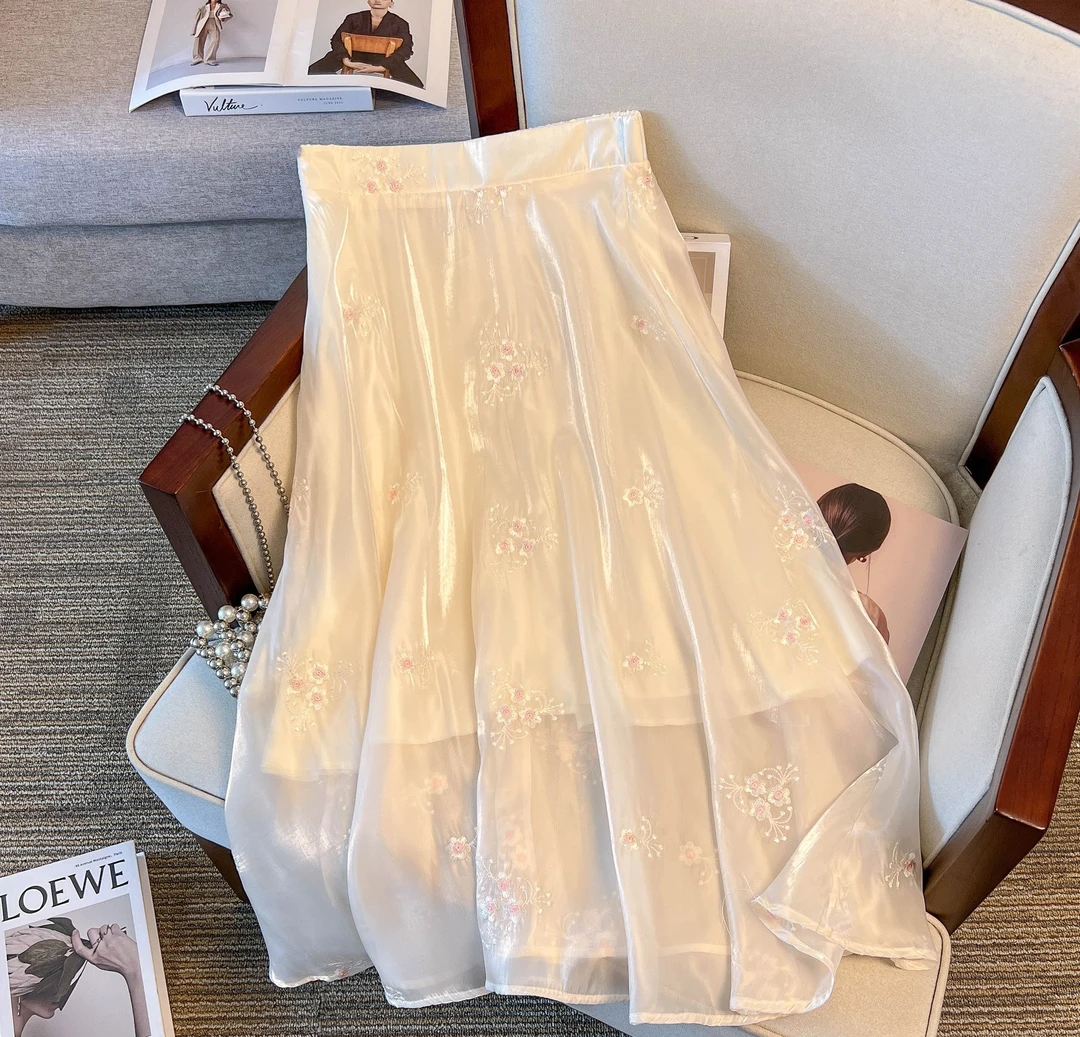 杏色海棠花新中式国风半身裙女夏季刺绣汉服半身裙高腰半身裙