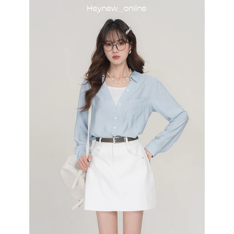 【新款上新】撞色条纹假两件衬衫气质百搭减龄上衣-5C310